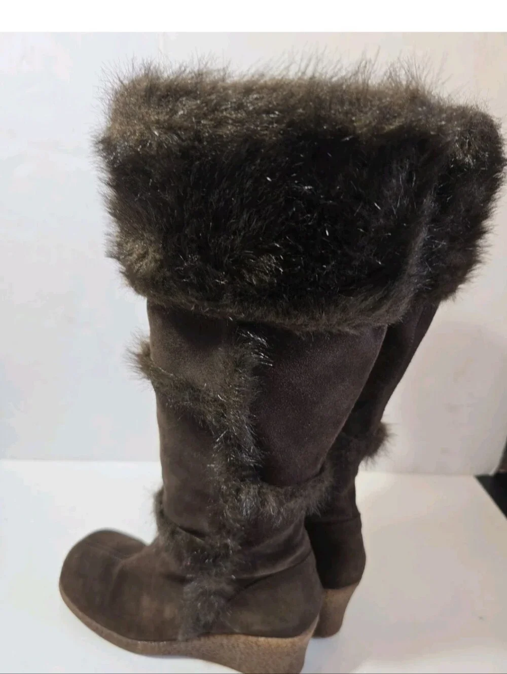 Jeffrey Campbell Faux Fur Trim Brown Women's Wedge Boots Size 10